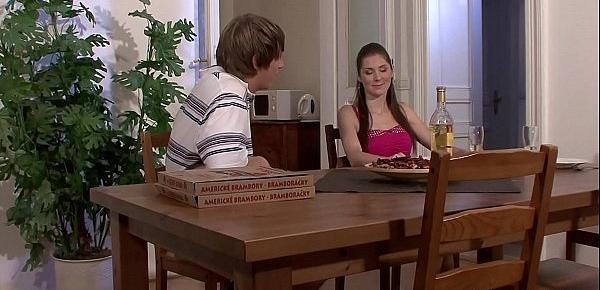  His young wife sucks and rides pizza-guy cock